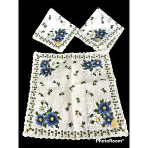 Lot of‎ 3 Vtg Handkerchief Blue White Floral Bouquets Scallop Edges 12x12 NOS